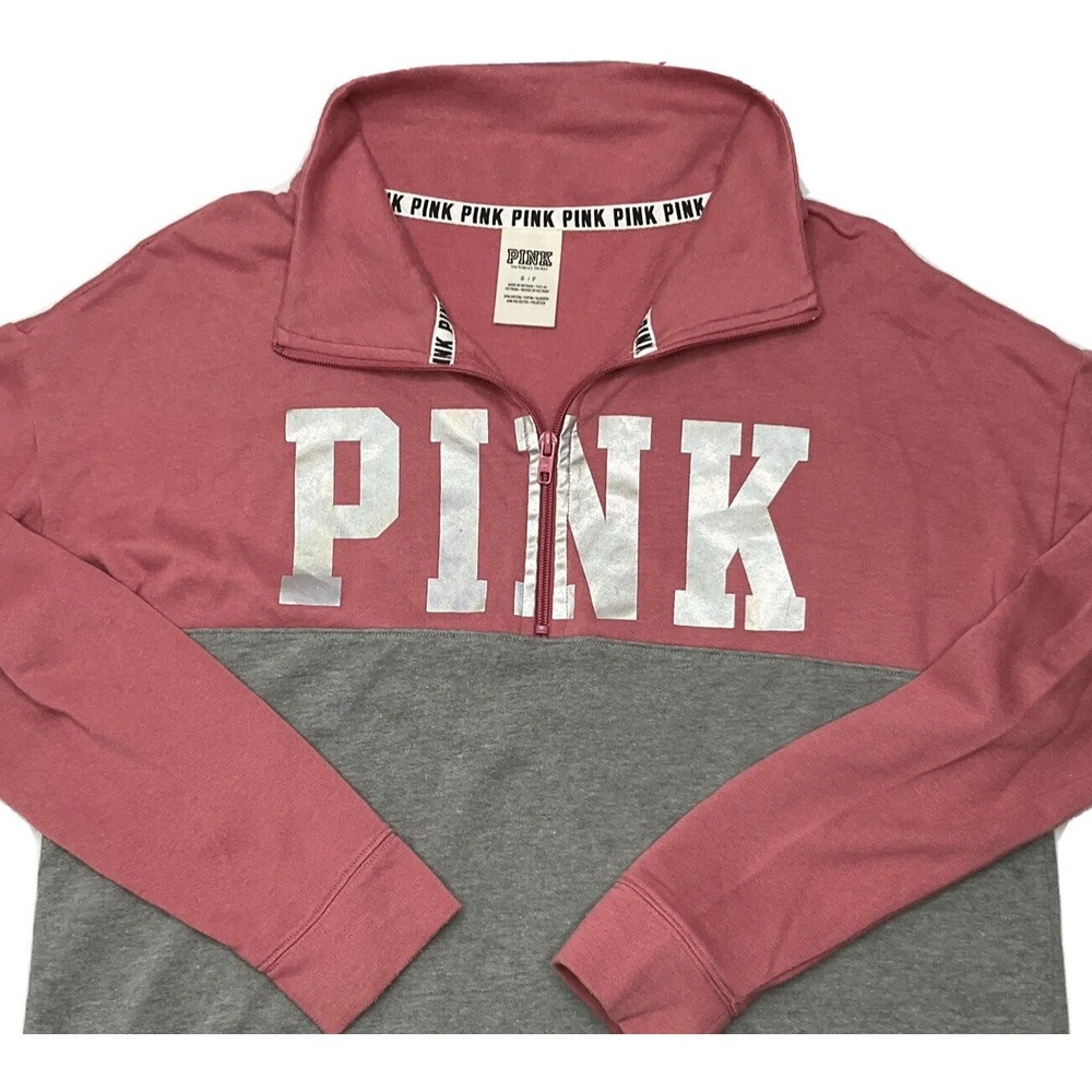Victorias Secret PINK Sweatshirt Pullover‎ 1/2 Zip Foil Logo Begonia Gray Sz S